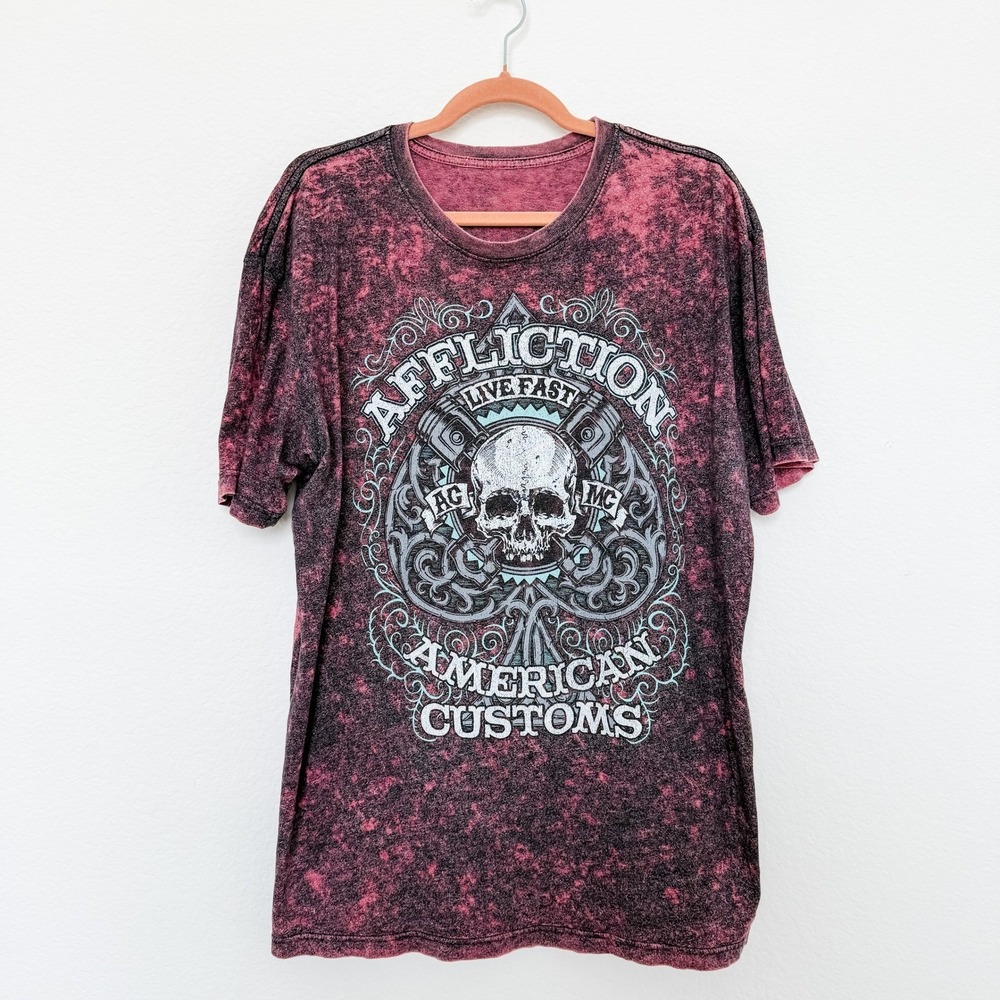 Affliction Mens Reversible Graphic T-Shirt XXL Acid Wash Skull Grunge Y2K Biker